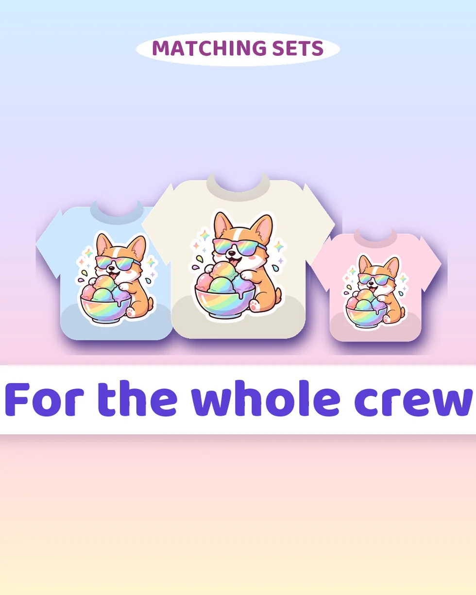 Three matching kawaii corgi tees in different sizes and colors for a whole family or crew