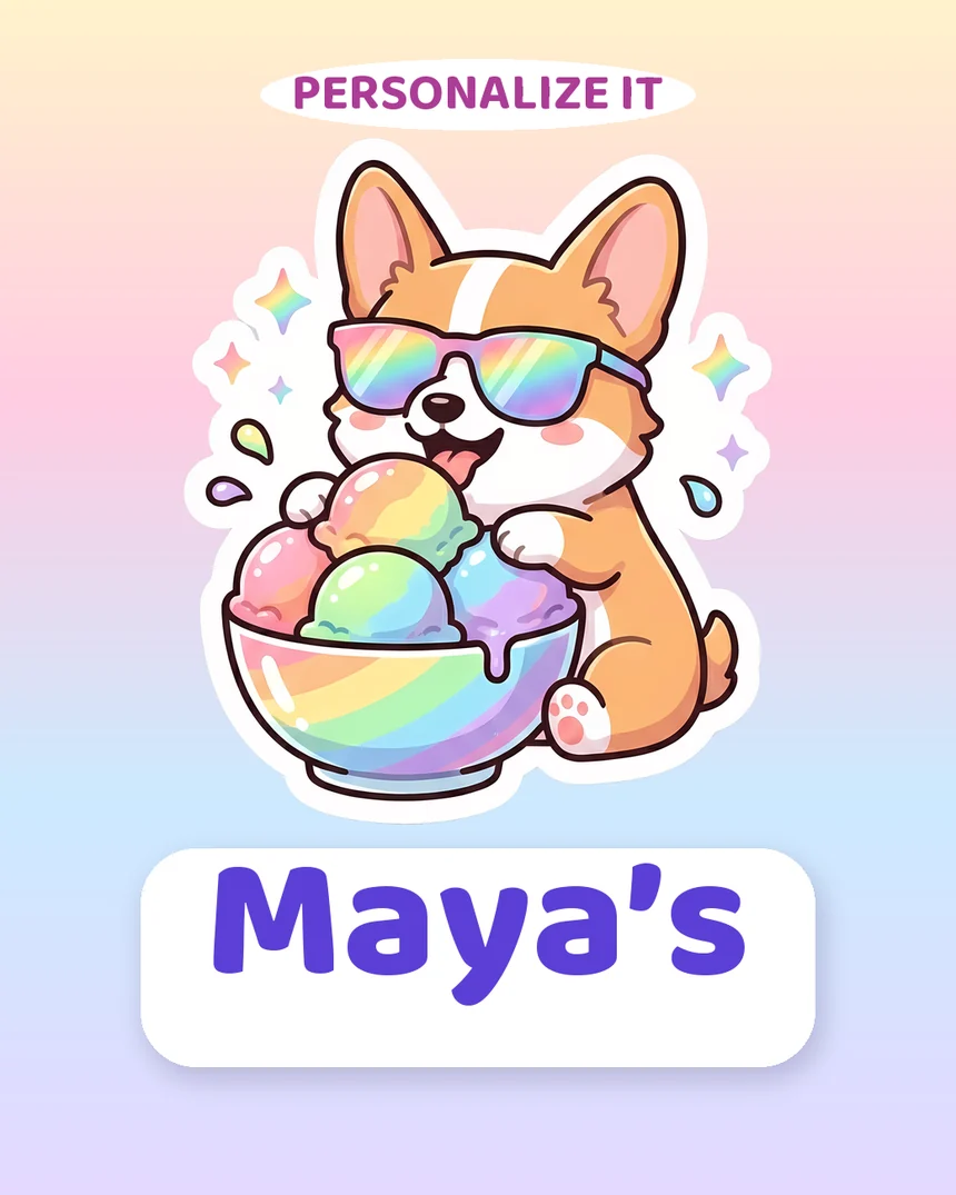 Personalized kawaii corgi tee design with a sample name in rounded lettering