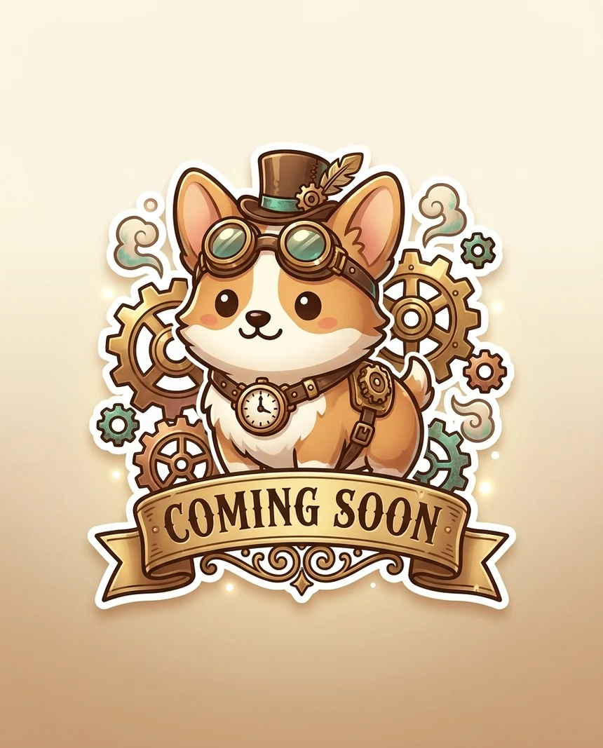 Steampunk kawaii corgi teaser with brass goggles, top hat, gears and a Coming Soon banner