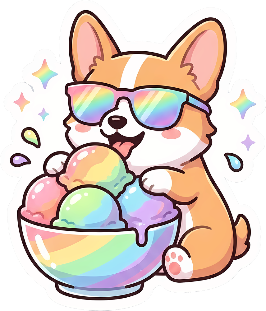 Original kawaii corgi wearing sunglasses eating rainbow sherbet — character tee design