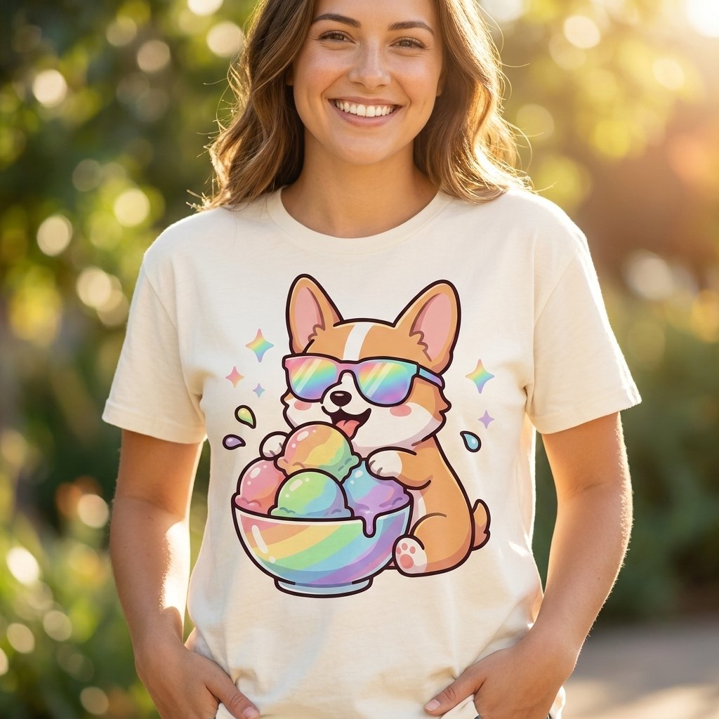 Model wearing a cream tee with an original kawaii corgi-in-sunglasses eating rainbow sherbet print